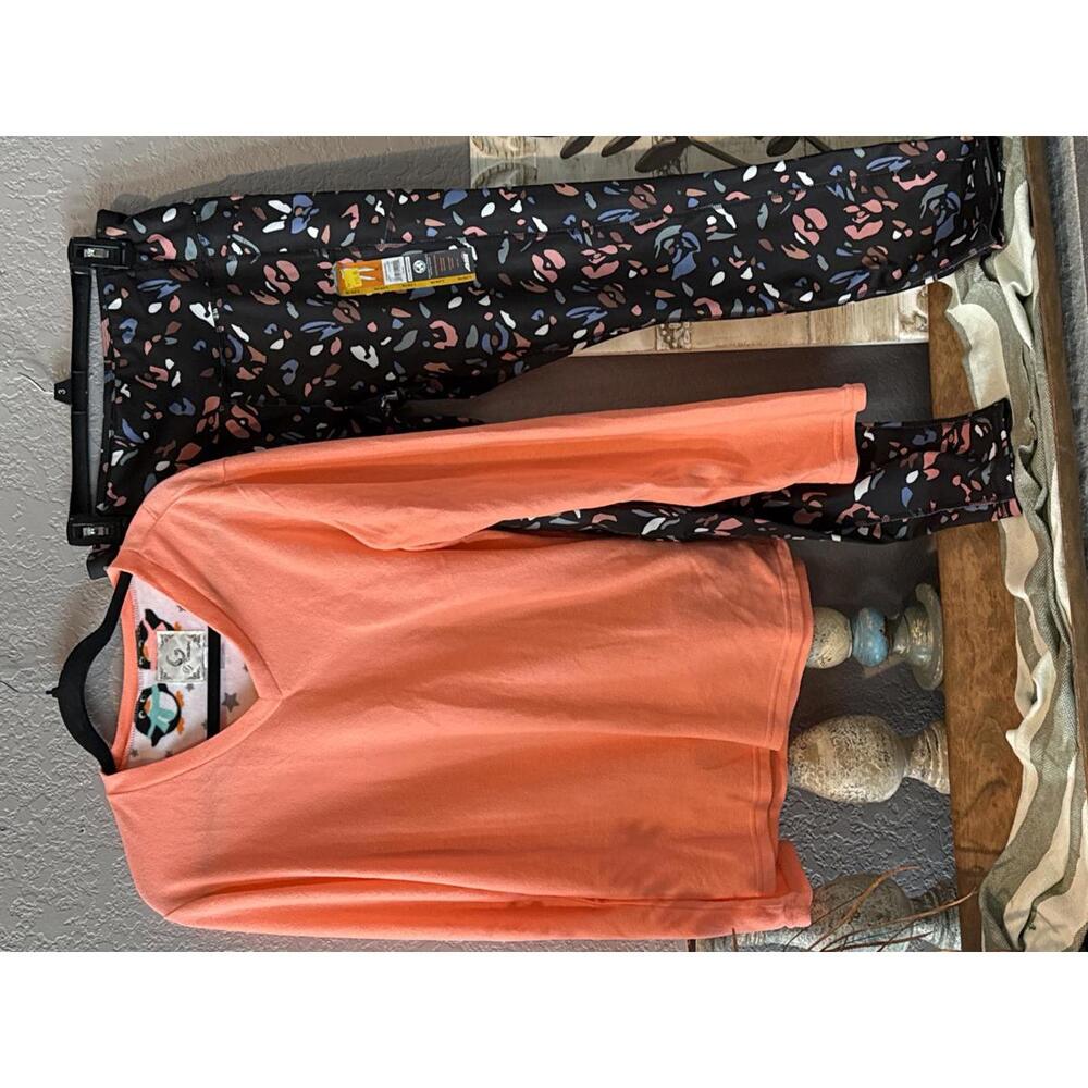 Avia Women's Activewear Set - Coral Long Sleeve Top and Black Patterned Leggings